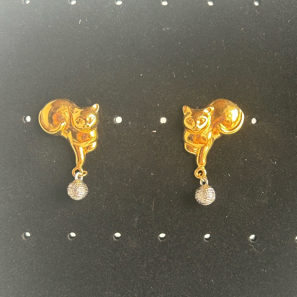 Gold Cat Earrings with Silver “Yarn Ball” Accents Post